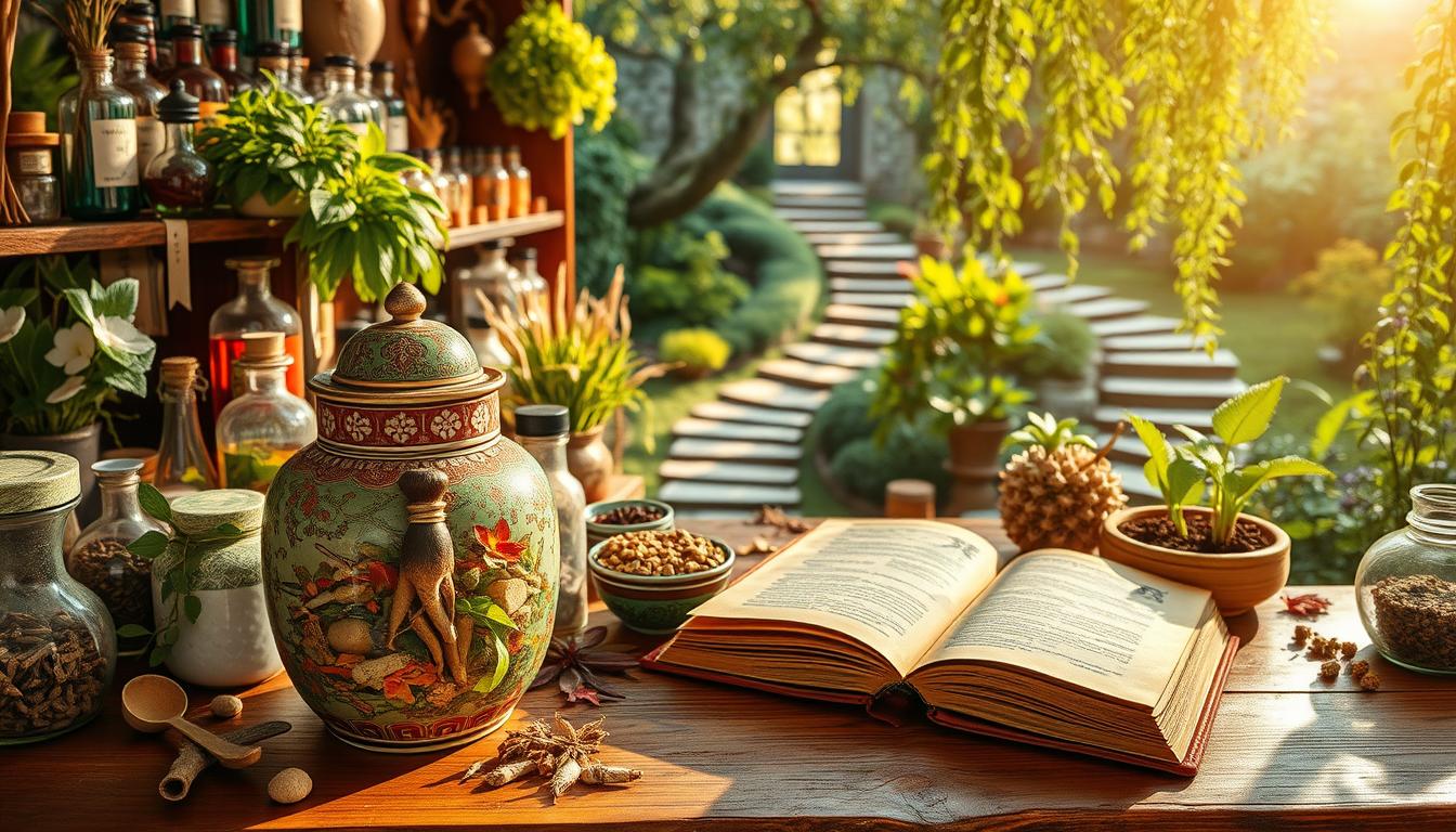 A sun-drenched, traditional Chinese medicine apothecary, overflowing with an abundance of vibrant, lush herbal ingredients. In the foreground, an ornate porcelain jar filled with a mixture of carefully selected roots, leaves, and flowers. Surrounding it, a vibrant array of bottled tinctures, dried herbs, and fragrant spices, all arranged with an artful, harmonious display. In the middle ground, a weathered wooden table holds an ancient text, its pages open to reveal the secrets of traditional longevity practices. The background reveals a tranquil garden, with winding pathways and cascading greenery, conveying a sense of timeless, restorative serenity. The lighting is warm and golden, casting a gentle glow over the scene, evoking the profound wisdom and vitality of Chinese herbal medicine.