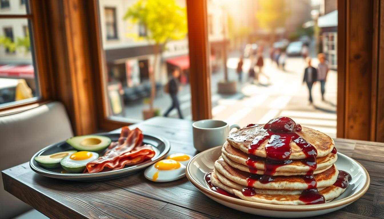 A sunlit breakfast nook with a rustic wooden table, adorned with an assortment of low-carb breakfast items. On the table, a platter of sizzling bacon, poached eggs, avocado slices, and a stack of fluffy almond flour pancakes, drizzled with a swirl of vibrant berry compote. In the background, a panoramic view of a bustling city street, with passersby visible through large windows, bathed in warm, natural light. The scene exudes a cozy, inviting atmosphere, inspiring the viewer to enjoy a satisfying, guilt-free start to the day.