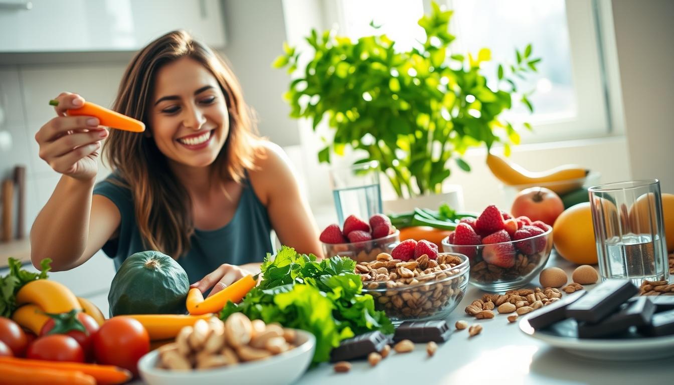 A sunlit kitchen counter overflows with an array of healthy snacks - vibrant fruits, crisp vegetables, nourishing nuts, and dark chocolate squares. In the foreground, a woman reaches for a crunchy carrot, her expression one of satisfied contentment. The middle ground features a bowl of fresh berries and a glass of cool water, while the background showcases a lush, green plant, casting a warm glow over the scene. The lighting is soft and natural, creating a sense of calm and balance. The overall atmosphere conveys a feeling of wholesome indulgence, demonstrating healthy responses to common cravings.