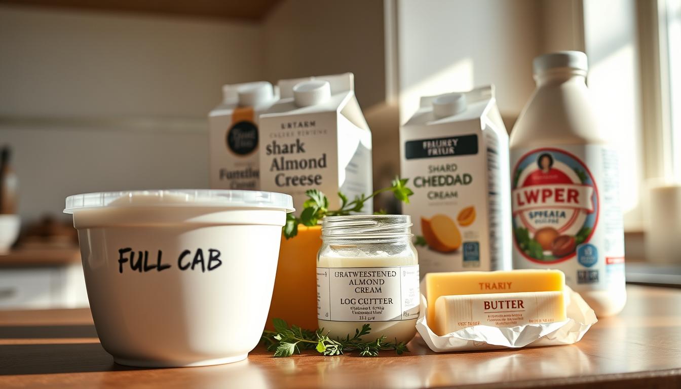 A sunlit kitchen counter showcases an array of low-carb dairy essentials. In the foreground, a glass container of full-fat Greek yogurt, its creamy texture visible. Behind it, a block of sharp cheddar cheese and a carton of heavy cream stand tall, their labels crisp and clear. The middle ground features a carton of unsweetened almond milk and a small jar of butter, their surfaces glistening under the warm lighting. In the background, a few sprigs of fresh herbs add a touch of vibrant greenery, complementing the rich, vibrant colors of the dairy products. The scene exudes a sense of health, wholeness, and culinary potential, inviting the viewer to explore the many low-carb possibilities within the dairy aisle.