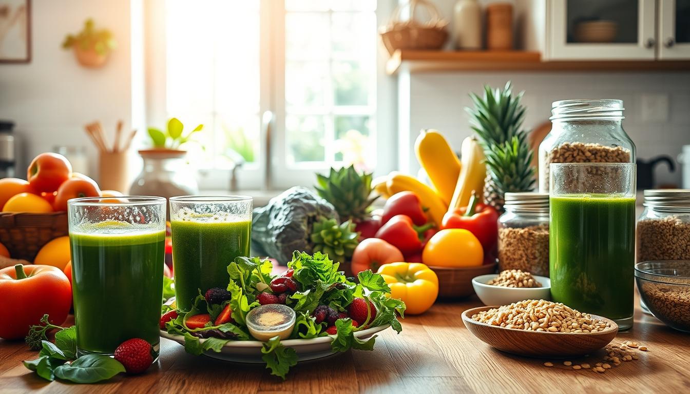 A sunlit kitchen table with a variety of fresh, colorful fruits and vegetables arranged in an artful display. In the foreground, a glass of freshly squeezed green juice and a plate of crisp salad greens, drizzled with a vibrant vinaigrette. In the middle ground, whole grains like quinoa and brown rice, alongside jars of nuts, seeds, and superfoods like goji berries and spirulina. The background features a bright, airy window overlooking a lush, verdant garden, bathing the scene in a warm, vibrant glow. The overall atmosphere is one of health, vitality, and a balanced, anti-aging diet plan.
