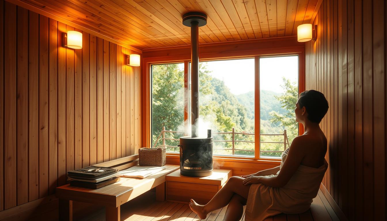 A sunlit sauna interior with natural wood paneling, a steaming central stove, and a comfortable bench inviting relaxation. Soft, diffused lighting from overhead fixtures creates a warm, tranquil ambiance. In the foreground, a person sits peacefully, towel-clad, absorbing the vibrant, therapeutic heat. Through expansive windows, a serene outdoor landscape with lush greenery is visible, adding to the calming, rejuvenating atmosphere. This image captures the essence of sauna therapy - a holistic, vibrant experience promoting longevity and detoxification.