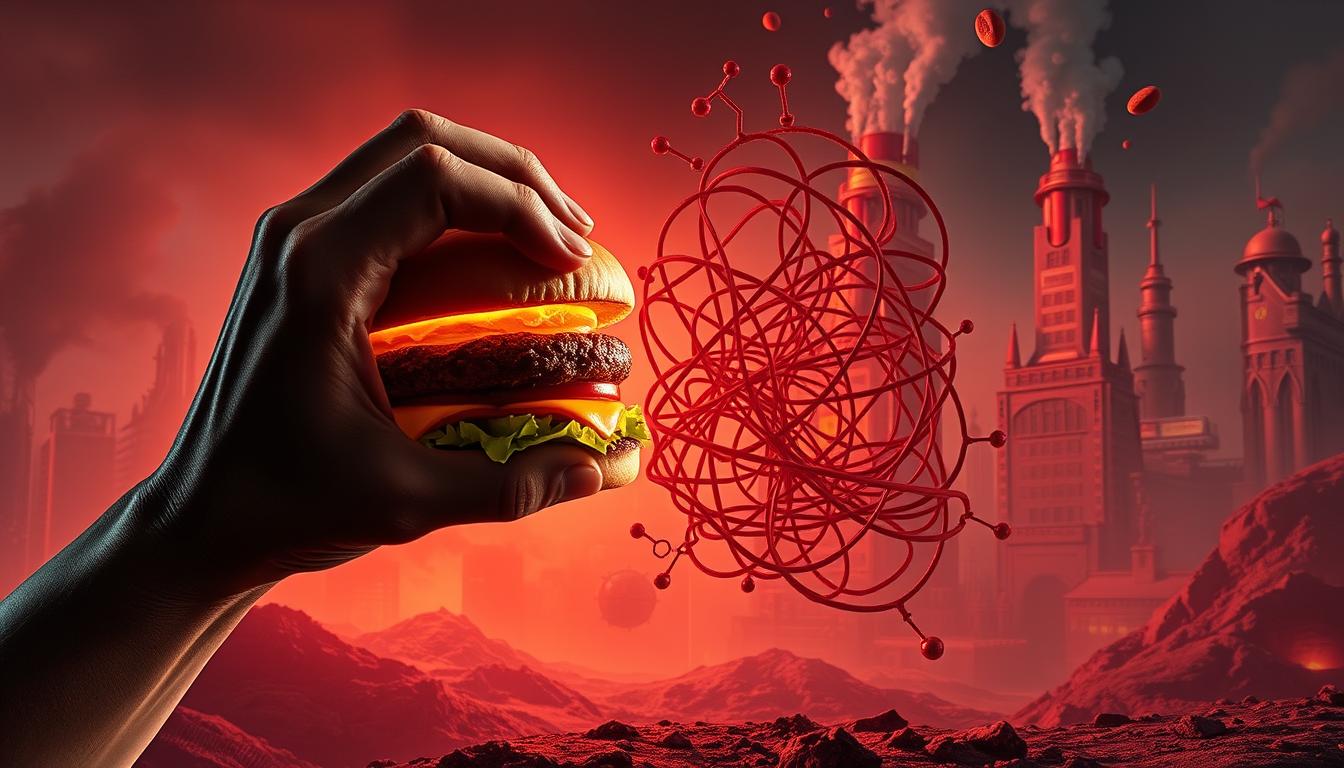 A surreal and unsettling scene depicting the hidden health risks of ultra-processed foods. In the foreground, a disembodied human hand grasps a fast food burger, its synthetic ingredients glowing with an unnatural luminescence. In the middle ground, a tangled web of chemical compounds and preservatives swirls ominously, casting distorted shadows. The background is a hazy, dystopian landscape, where towering structures of highly processed snacks and drinks loom, their vibrant colors and shapes belying the toxic nature within. Dramatic lighting casts an eerie, sickly glow, heightening the sense of foreboding and the detrimental impact of these ultra-processed dietary staples.