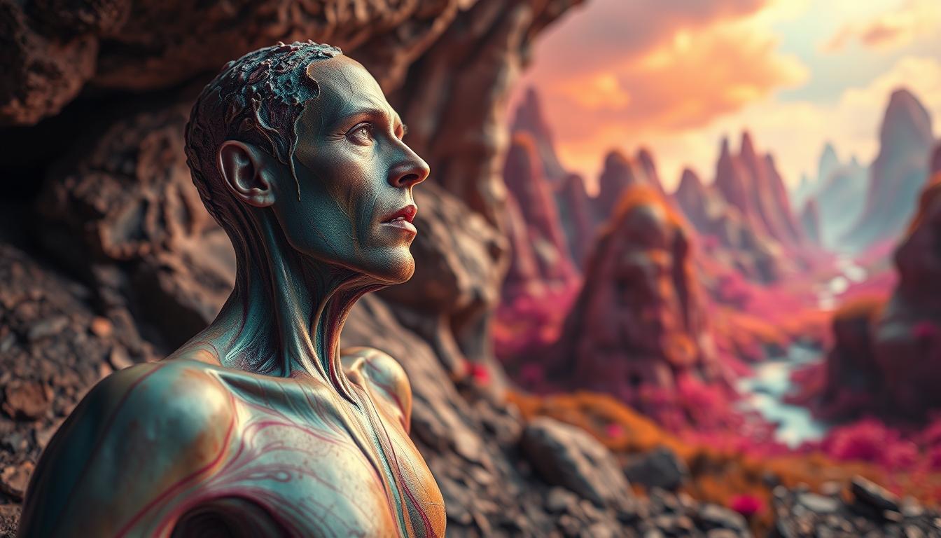 A surreal, dreamlike interpretation of cravings. In the foreground, a human figure made of melting, multicolored shapes and textures, yearning towards a vibrant, otherworldly landscape in the background. The figure's expression conveys a sense of longing and struggle, as if their physical form is being pulled apart by the intensity of their cravings. The background features a lush, fantastical environment with vivid, saturated colors, hinting at the alluring, yet elusive nature of the cravings. The scene is lit by a warm, diffused light, creating a sense of atmosphere and mystery. Captured with a wide-angle lens to emphasize the contrast between the figure and its environment.