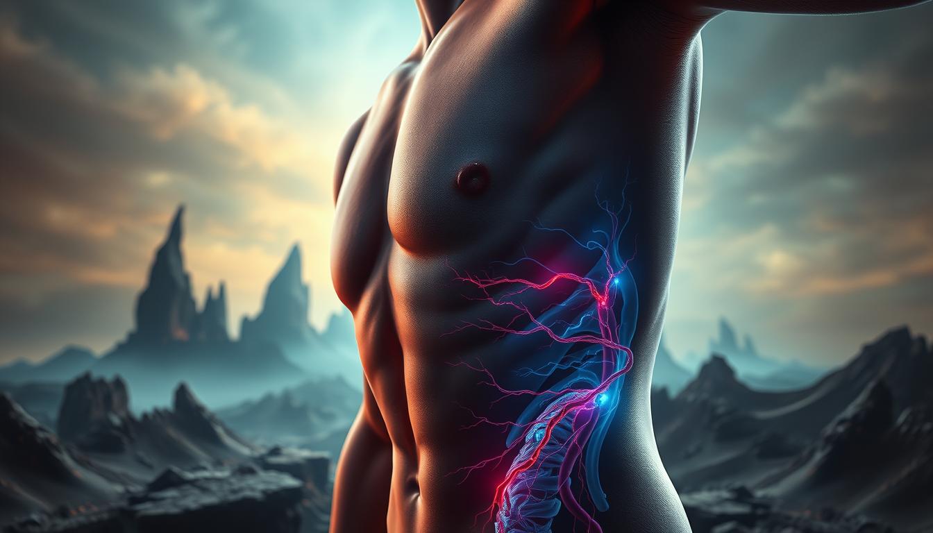 A surreal, visually striking depiction of the physiological manifestations of trauma. In the foreground, a torso rendered in vivid, hyper-realistic detail, with the skin pulsing and rippling to convey the body's visceral stress response. Intricate anatomical structures, such as the nervous system and circulatory system, are visible beneath the surface, glowing with an eerie, vibrant energy. In the middle ground, a fragmented, abstract landscape, with jagged, angular forms and a moody, atmospheric lighting that evokes a sense of unease and discomfort. In the background, a hazy, dreamlike realm of swirling, ephemeral shapes and textures, hinting at the subconscious, psychological aspects of trauma. The overall composition conveys the deep, interconnected relationship between physical health and the psychological impact of trauma.