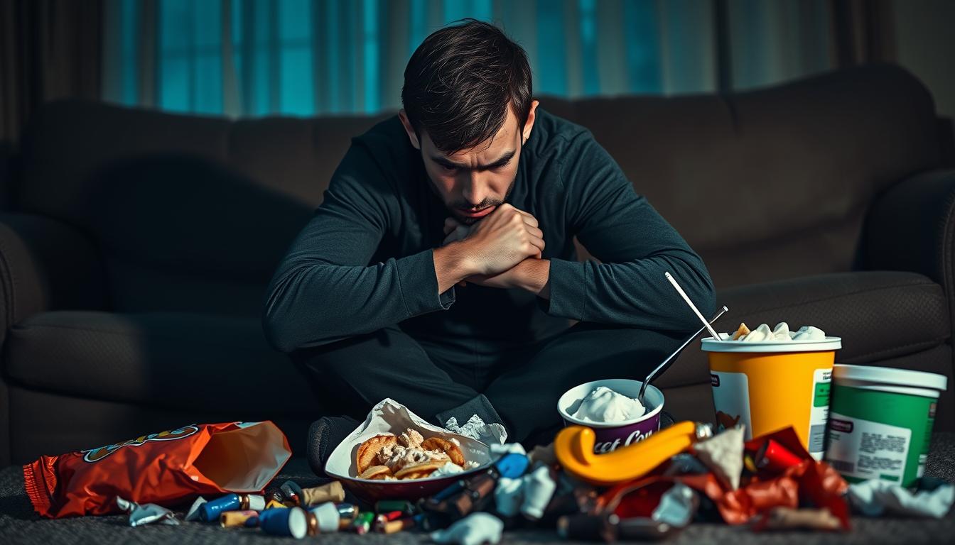 A tense, anxious figure sits hunched on a couch, surrounded by a disarray of comfort foods - a half-eaten bag of potato chips, a tub of ice cream, and a pile of chocolate wrappers. The lighting is moody, with dramatic shadows casting across the scene, reflecting the inner turmoil. The background is blurred, hinting at a stressful, overwhelming environment. The figure's body language and facial expression convey a sense of distress, while the vibrant, indulgent foods symbolize a desperate attempt to find solace. The overall atmosphere is one of stress, unease, and the conflicting desire for both comfort and release.