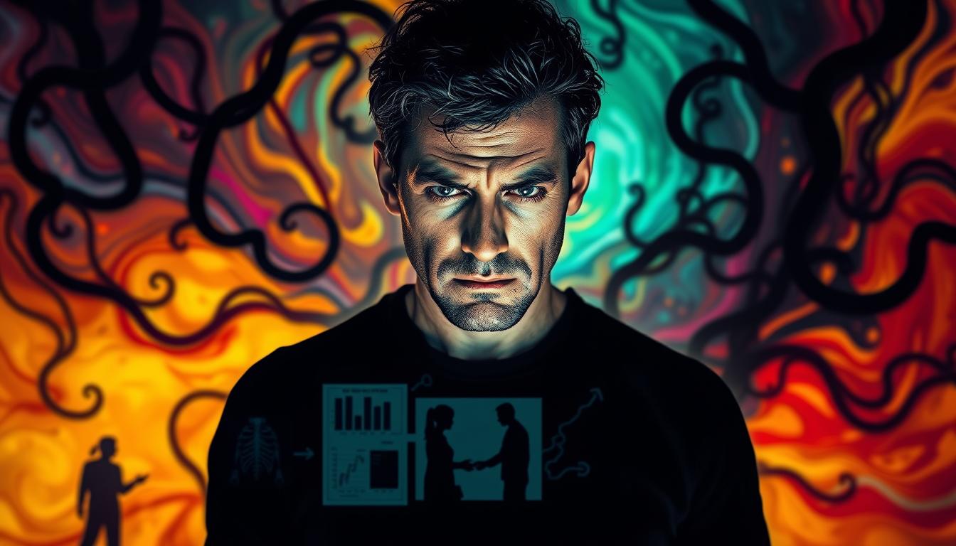 A tense figure stands amidst a swirling, vibrant background of anxious emotions. Tendrils of worry and apprehension curl around the subject, casting an unsettling atmosphere. The subject's expression is strained, brow furrowed, gaze intense, hinting at the physiological toll of chronic stress. In the middle ground, shadowy silhouettes of medical imagery - x-rays, charts, and symbols - allude to the connection between stress and cancer risk. The background is a dynamic, abstract composition of bold, contrasting colors, evoking the complex, multifaceted nature of this relationship. Dramatic, high-contrast lighting casts dramatic shadows, heightening the sense of tension and unease. This image aims to visually capture the profound impact that stress can have on one's health and wellbeing.