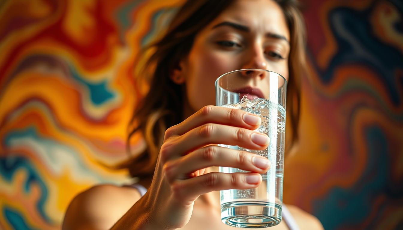 A thirsty woman reaching for a glass of clear, refreshing water, her face flushed with a hint of dehydration. The background is a swirling array of vibrant hues, representing the connection between hydration and cravings. The lighting is soft and natural, casting a warm glow on the scene. The camera angle is slightly elevated, creating a sense of introspection and focus on the woman's experience. The composition is balanced, with the woman's hand and the glass of water as the central focal point, surrounded by the abstract, colorful backdrop.