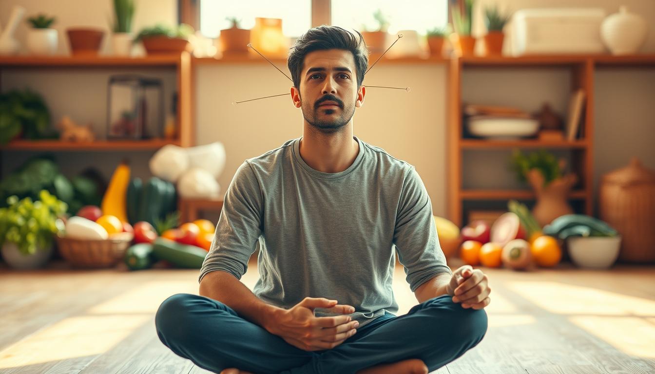 A thoughtful individual sits cross-legged, deeply immersed in contemplation. Their gaze is introspective, as they ponder the intricate connections between their mindset and eating habits. The environment is bathed in a vibrant, warm light, creating a calming and reflective atmosphere. In the background, an array of fresh, colorful ingredients suggest a mindful approach to nourishment. The scene conveys a sense of balance, where the mind and body work in harmony to cultivate a healthier relationship with food.