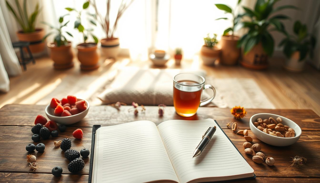 A thoughtfully arranged scene of mindful eating journaling methods. In the foreground, an open notebook with a calligraphy pen rests on a wooden table, surrounded by various mindful snacks like fresh berries, nuts, and a steaming mug of herbal tea. The middle ground features a meditation cushion and a scattering of dried flowers, conveying a sense of tranquility. The background depicts a softly lit, vibrant indoor setting with potted plants and natural sunlight filtering through sheer curtains. The overall mood is serene, contemplative, and inviting, encouraging the viewer to pause, reflect, and engage in the mindful eating journaling process.