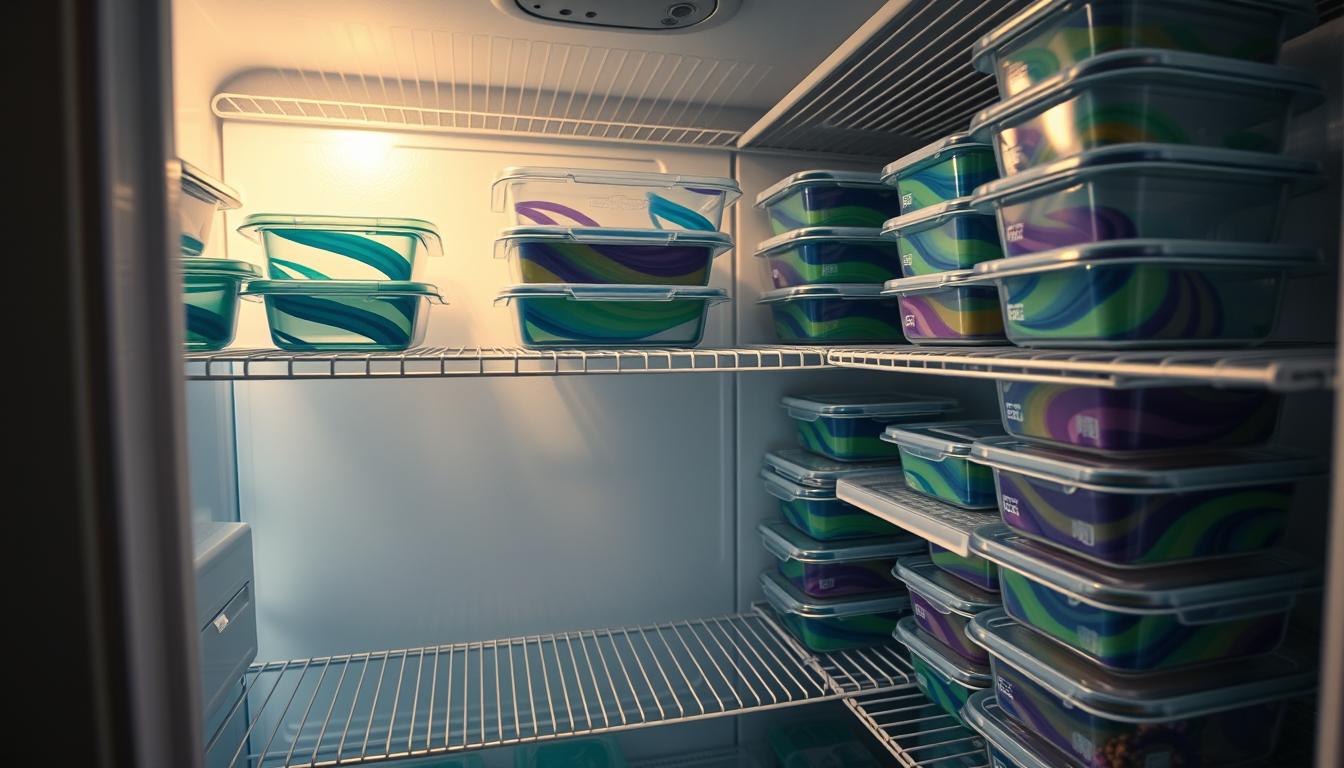 A tidy, well-organized freezer filled with colorful meal prep containers stacked neatly on chrome wire shelves. Soft, indirect light illuminates the scene, casting a warm glow on the frosted glass door. Vibrant swirling colors of blue, green, and purple dance across the shelves, adding a touch of whimsy. The overall atmosphere is one of efficiency, cleanliness, and a sense of calm control over one's culinary future. A wide-angle lens captures the full depth and breadth of this thoughtfully curated freezer storage system.