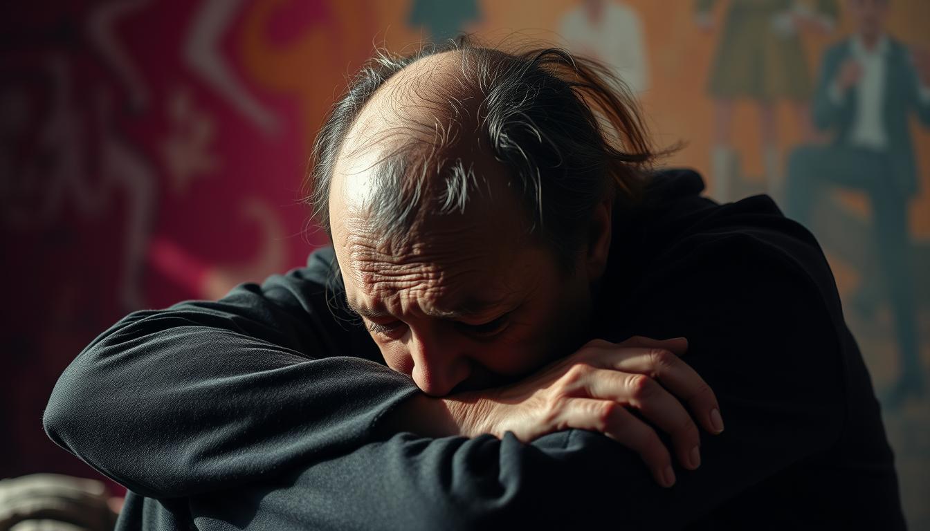 A tired, disheveled figure sits hunched over, eyes sunken and skin pallid under the harsh, unforgiving light. Shadows cast by exhaustion and stress cling to their features, a tangible manifestation of the debilitating effects of sleep deprivation. The background blurs, a vibrant yet muted backdrop that emphasizes the subject's weary state, a stark contrast to their once vibrant self. The composition captures the overwhelming burden of sleep loss, a visceral representation of the lifespan cost of neglecting this essential biological need.