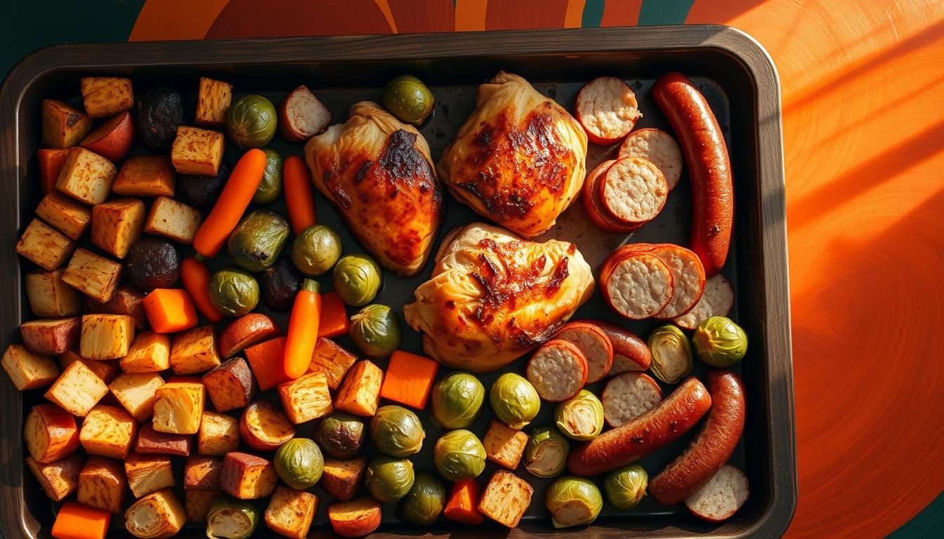 A top-down view of a rustic wooden sheet pan filled with a variety of budget-friendly vegetables and proteins. In the foreground, roasted potatoes, carrots, and Brussels sprouts in warm earthy tones. In the middle ground, juicy chicken thighs and sliced sausages sizzle under a gentle beam of soft, natural lighting. The background features a vibrant swirling of complementary colors - ochre, sienna, and deep emerald - creating a cozy, homespun atmosphere. The arrangement evokes a sense of simplicity and approachability, making this a truly budget-conscious sheet pan meal.