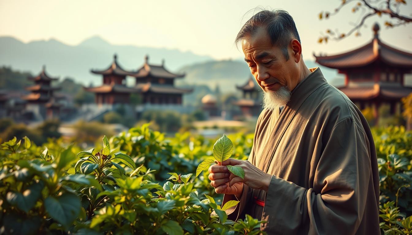 A traditional Chinese medicine practitioner, their face etched with the wisdom of years, stands amidst a tranquil garden. The foreground features an array of lush, verdant herbs and plants, their vibrant colors and intricate textures conveying the vitality of natural remedies. In the middle ground, the practitioner, clad in flowing robes, examines a delicate leaf, their expression serene and focused. The background reveals a harmonious landscape, with ancient temple structures and towering mountains in the distance, evoking a sense of timeless, holistic wellness. Warm, soft lighting bathes the scene, creating an atmosphere of contemplation and rejuvenation.