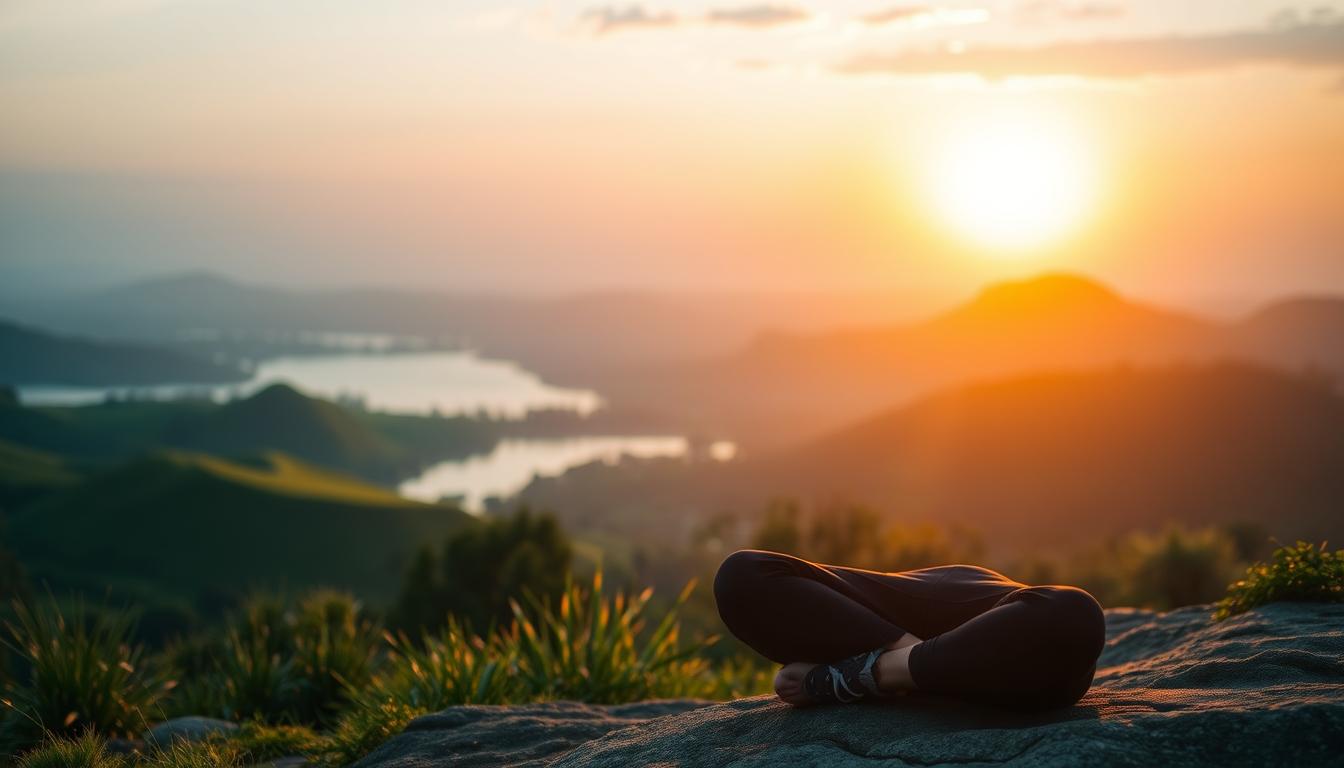 A tranquil and serene scene showcasing the benefits of intermittent fasting. In the foreground, a person sits in a meditative pose, their face radiant with a sense of calm and focus. The middle ground features a lush, verdant landscape with rolling hills and a serene lake, symbolizing the rejuvenation and metabolic efficiency gained through this practice. The background is illuminated by a warm, vibrant sunset, casting a soft, golden glow over the entire scene. The lighting is natural and diffused, creating a serene, contemplative atmosphere. The overall composition conveys a sense of balance, harmony, and the profound physical and mental advantages of intermittent fasting.