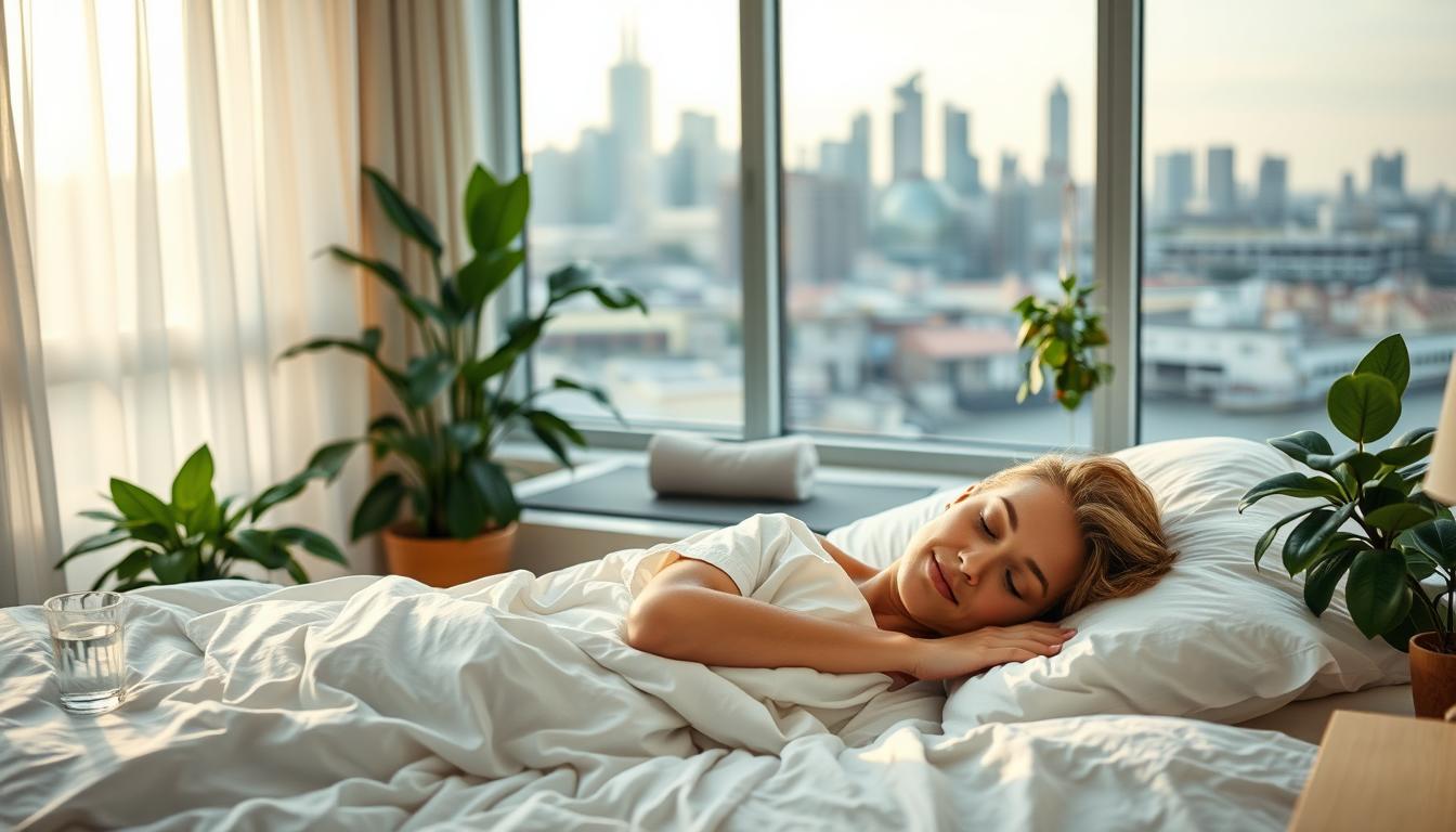 A tranquil bedroom scene at dawn, with soft, natural lighting filtering through sheer curtains. In the foreground, a person sleeps peacefully on high-thread-count sheets, their expression serene. Surrounding them, lush houseplants and a glass of water on a nightstand suggest a focus on healthy living. In the middle ground, a yoga mat and meditation cushion hint at a holistic approach to wellness. The background showcases a skyline of modern, sustainable architecture, conveying the idea of a vibrant, health-conscious urban environment. The overall mood is one of balance, rest, and the synergy between sleep and cancer prevention.