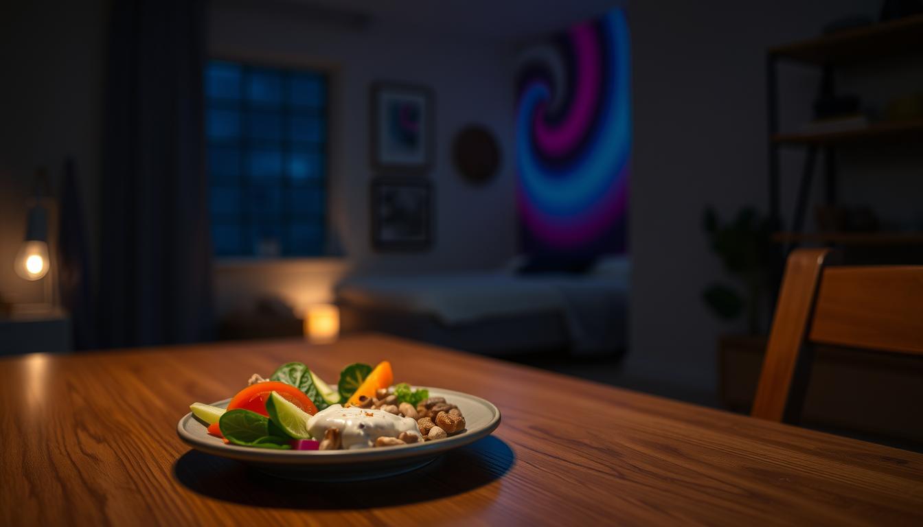 A tranquil, dimly lit kitchen scene captures a mindful late-night eating ritual. In the foreground, a person sits at a wooden table, savoring a small plate of fresh, low-carb snacks - sliced vegetables, nuts, and a creamy dip. The middle ground features a cozy, minimalist interior with soft, ambient lighting casting a warm glow. In the background, vibrant swirling colors create a sense of introspection and calm. The composition evokes a serene, intentional moment of nourishment and self-care, away from the distractions of the day.