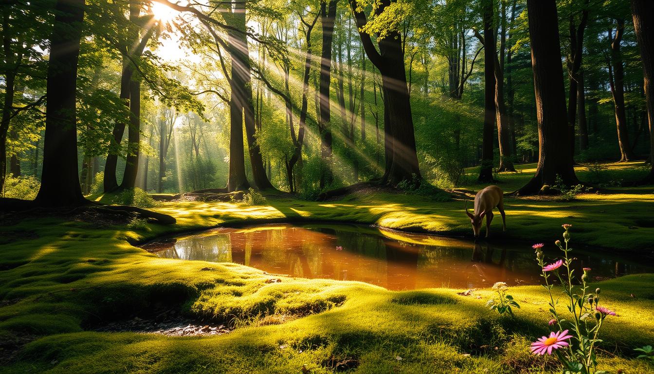 A tranquil forest glade bathed in soft, golden light. Sunbeams filter through verdant canopy, casting dappled shadows on the mossy ground below. A serene pond reflects the sky, its calm surface unruffled. Vibrant wildflowers dot the periphery, their petals swaying gently in a light breeze. A solitary deer emerges from the undergrowth, drinking from the water's edge. The scene exudes a sense of peace and rejuvenation, inviting the viewer to slow down and immerse themselves in nature's restorative embrace.