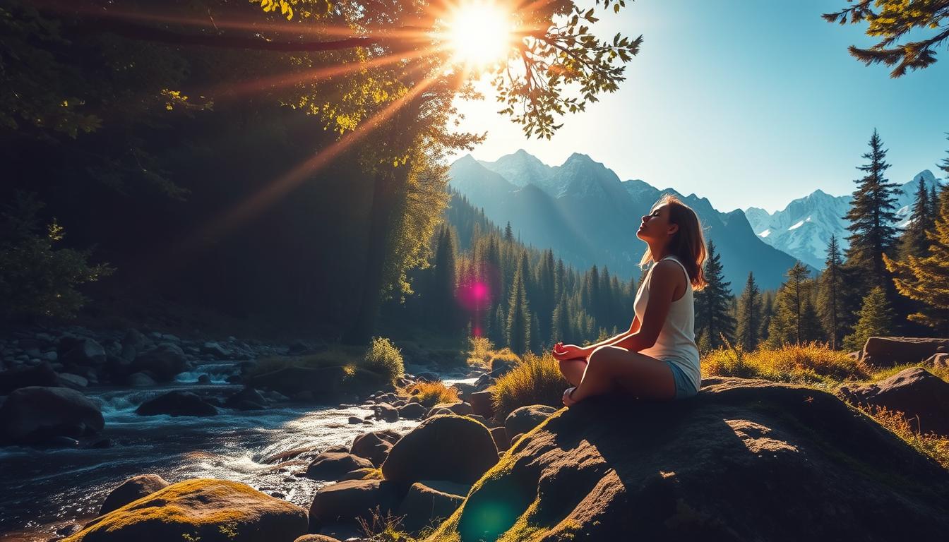 A tranquil forest glade, the sun's golden rays filtering through the lush canopy above. In the foreground, a person sits on a moss-covered rock, eyes closed in peaceful meditation. The middle ground reveals a gently flowing stream, its waters sparkling like diamonds. In the distance, towering mountains rise, their snow-capped peaks reflecting the vibrant, azure sky. The scene exudes a sense of revitalization and transformation, a serene and rejuvenating sanctuary amidst the wild beauty of nature.
