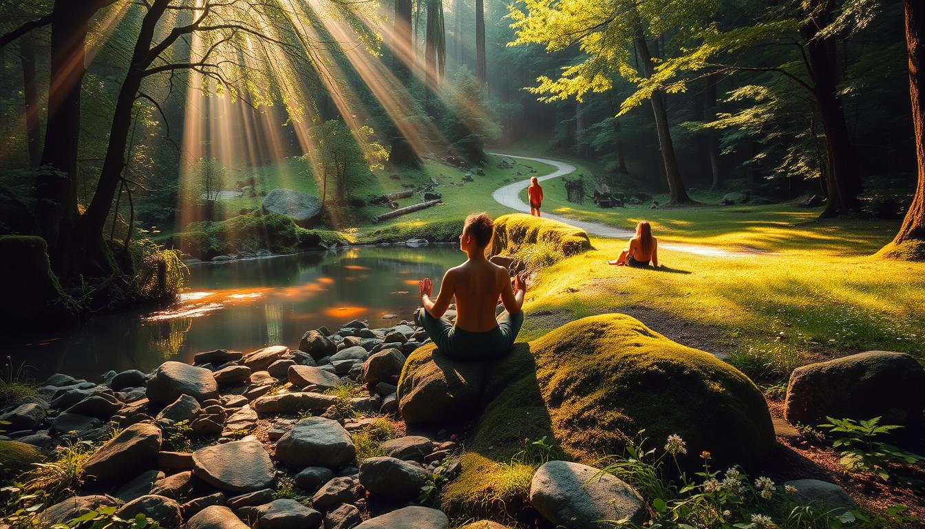 A tranquil forest glen with rays of warm sunlight filtering through the lush canopy, casting a soft glow on a serene pond. In the foreground, a person sits cross-legged on a mossy rock, eyes closed in meditation, surrounded by an array of natural elements - river stones, wild flowers, and vibrant green ferns. In the middle ground, a person walks slowly on a winding path, taking in the sights and sounds of the verdant landscape. In the distance, a person reclines on the grass, gazing up at the sky. The atmosphere is one of calm, rejuvenation, and deep connection with the natural world.