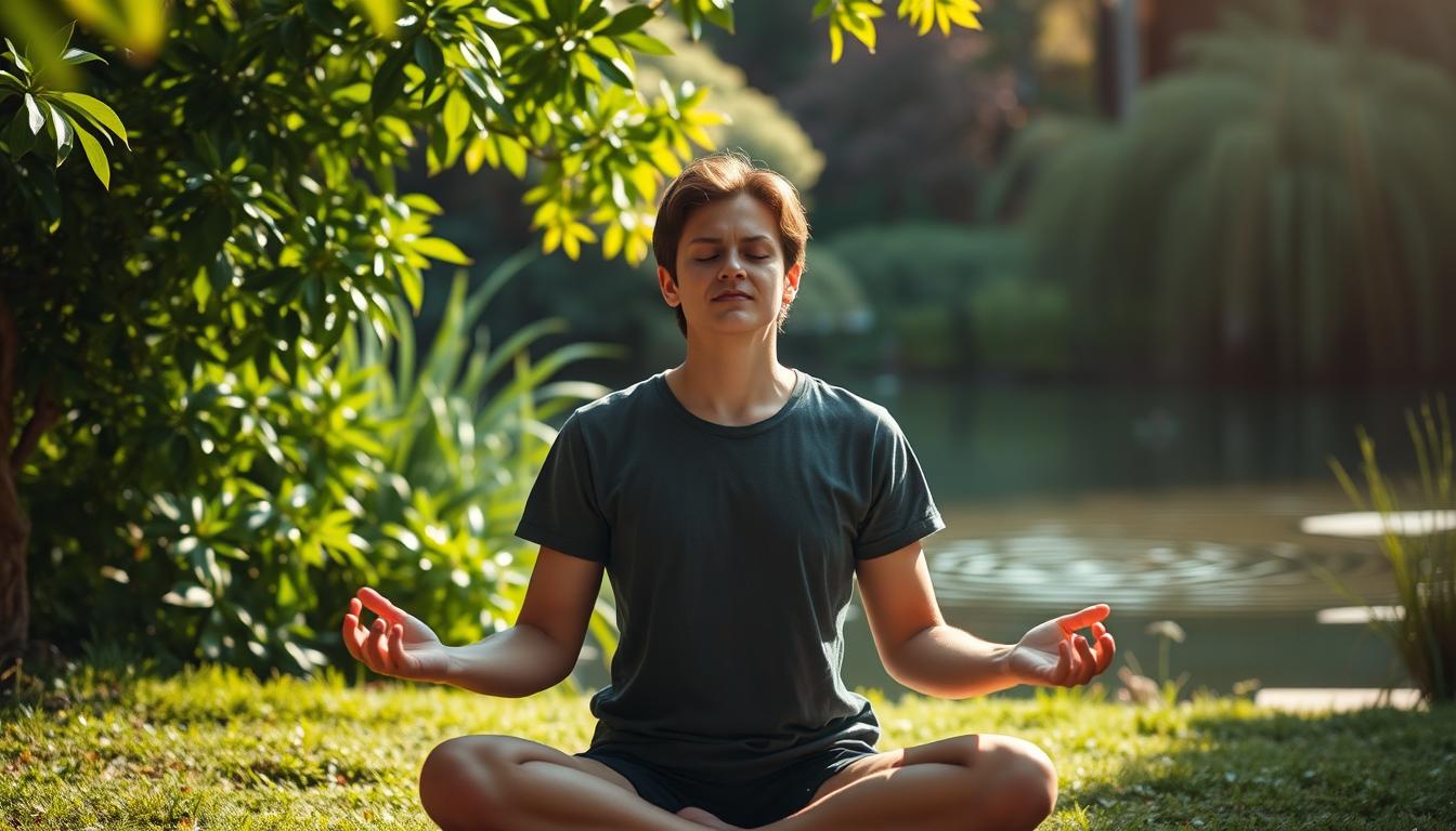 A tranquil garden scene, the foreground depicts a person in a lotus position, eyes closed, brow furrowed in deep concentration. The middle ground features lush, verdant foliage, with sunlight filtering through the leaves, casting a warm, vibrant glow. In the background, a serene pond reflects the sky, its surface rippling gently. The overall atmosphere is one of stillness and inner peace, despite the evident challenges of the meditation practice. Subtle hints of struggle are present, but overcome by a sense of determination and triumph. The lighting is soft and natural, emphasizing the calming, vibrant mood.