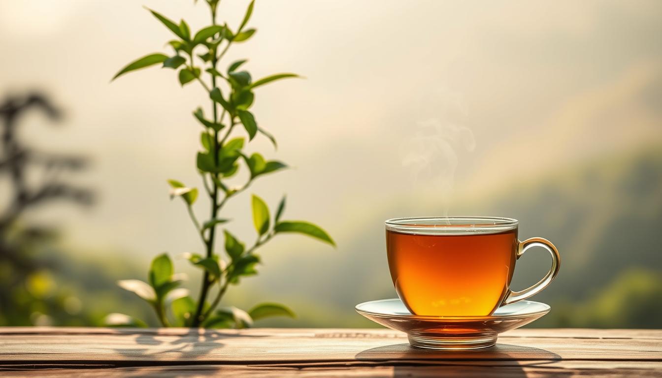 A tranquil green tea plant with lush, vibrant leaves stands tall against a backdrop of a serene, misty Japanese landscape. Soft, diffused natural lighting bathes the scene, casting a warm, earthy glow. In the foreground, a delicate teacup filled with the rich, amber-hued liquid sits atop a smooth, wooden table, steam gently rising from its surface. The composition evokes a sense of ancient wisdom, highlighting the timeless health benefits of this revered beverage. The image conveys a calming, restorative atmosphere, inviting the viewer to pause and savor the moment.