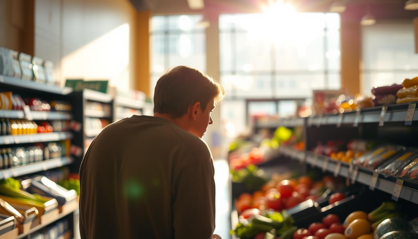 A tranquil grocery store aisle, sunlight filtering through large windows, casting a warm, natural glow. In the foreground, a person pauses, their gaze focused on a selection of fresh produce, considering each item thoughtfully. The background is softly blurred, emphasizing the mindful presence of the individual. The scene radiates a vibrant, calming atmosphere, encouraging a deliberate, unhurried approach to shopping.