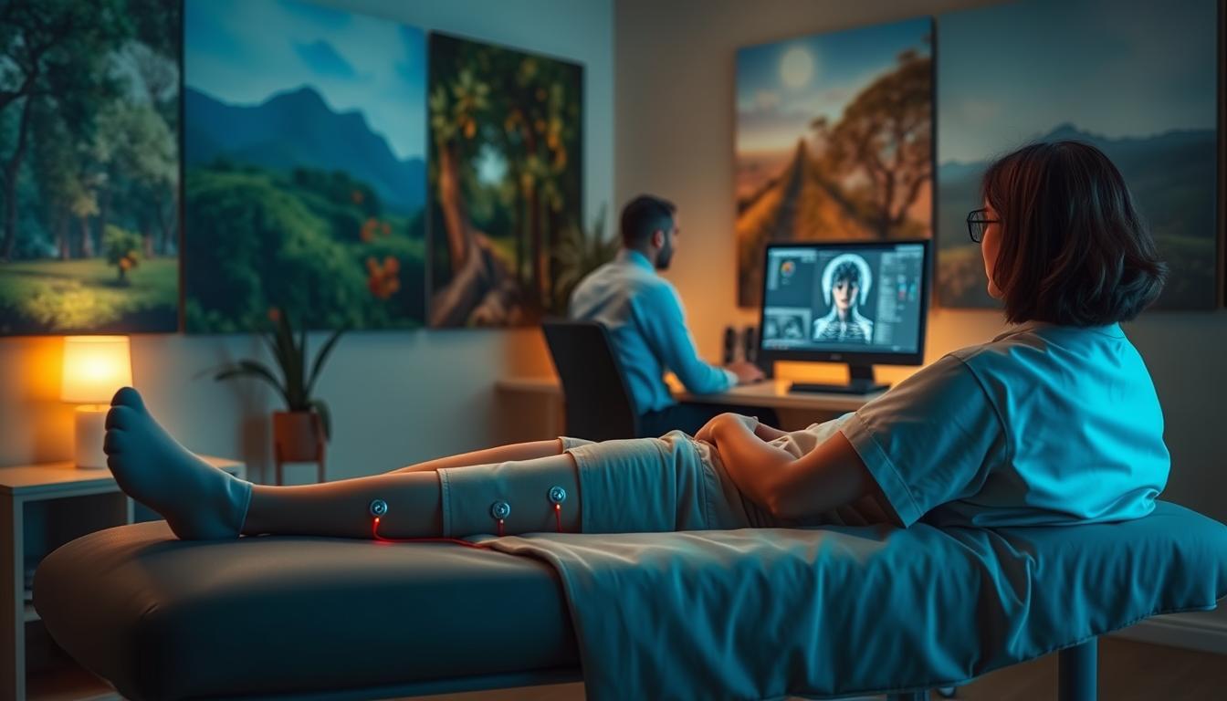 A tranquil medical office, dimly lit with soft, warm lighting. In the foreground, a patient reclines comfortably on a padded treatment table, electrodes attached to their skin, monitoring their physiological responses. In the middle ground, a clinician intently observes a computer screen, analyzing the biofeedback data. The background depicts soothing, vibrant nature scenes, creating a calming, therapeutic atmosphere. The overall scene conveys the seamless integration of technology and nature, facilitating the holistic approach of biofeedback treatment for managing stress.