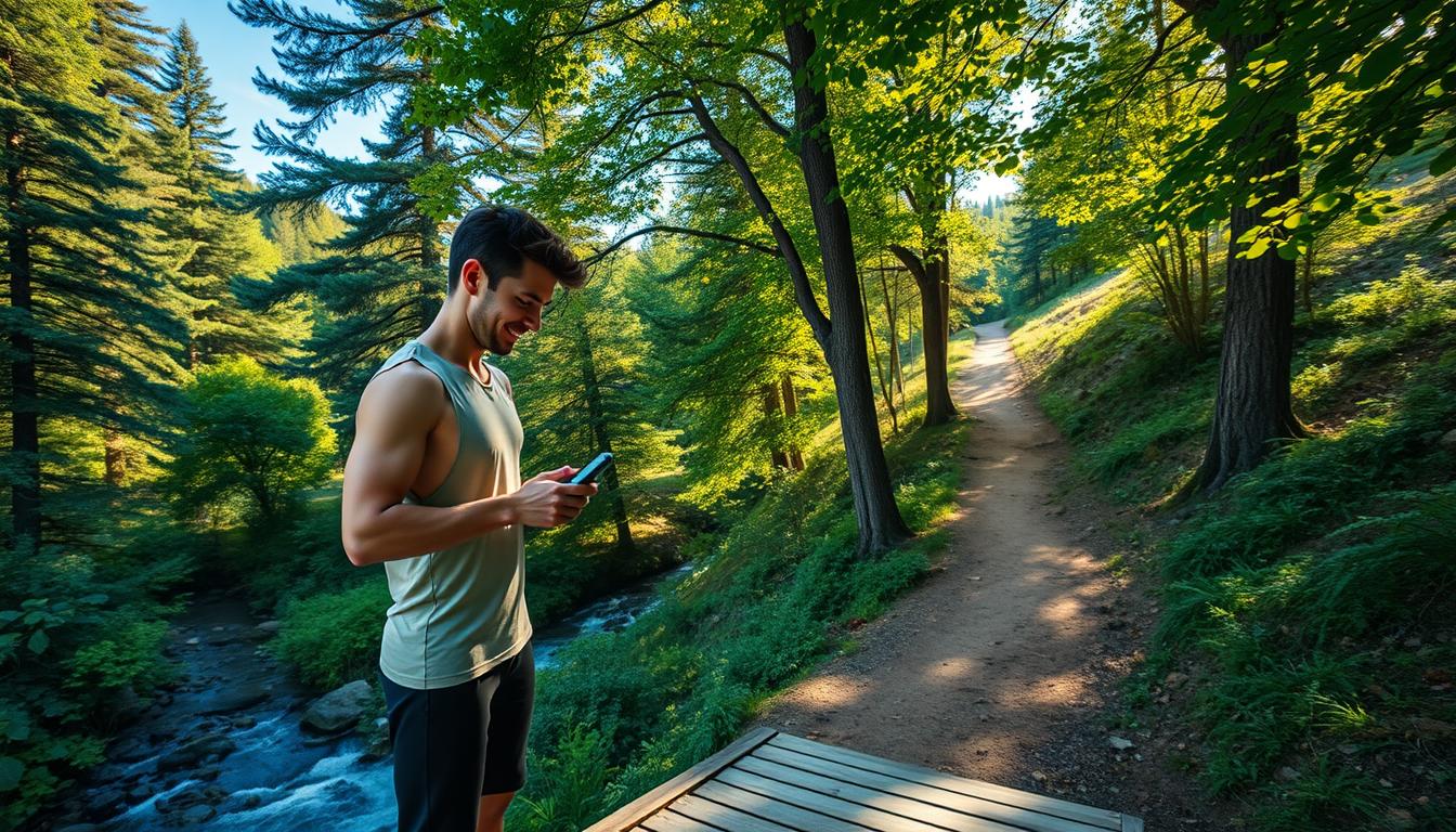 A tranquil outdoor setting, with a person standing on a wooden platform, tracking their fitness progress on a digital device. The surroundings are lush and verdant, with towering trees, a flowing stream, and a vibrant blue sky. Soft, warm lighting filters through the leaves, casting a gentle glow on the scene. The individual's posture is relaxed yet focused, their expression one of determination and satisfaction. In the background, a trail winds through the natural landscape, inviting further exploration and discovery. The overall atmosphere is one of peace, rejuvenation, and a connection to the wild and untamed beauty of the great outdoors.