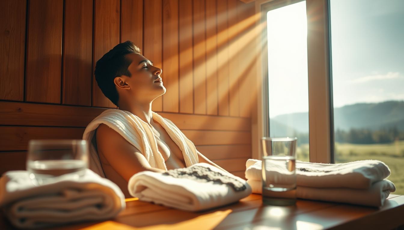 A tranquil sauna scene with a person relaxing, eyes closed, towel draped over their shoulders. Warm, golden lighting bathes the wooden interior, casting a cozy ambiance. Beams of sunlight filter through the sauna's windows, creating a serene, vibrant atmosphere. In the foreground, neatly folded towels and a glass of water suggest a thoughtful, optimized routine. The middle ground showcases a sleek, modern sauna design, while the background hints at a peaceful, natural landscape outside, inviting contemplation and rejuvenation.