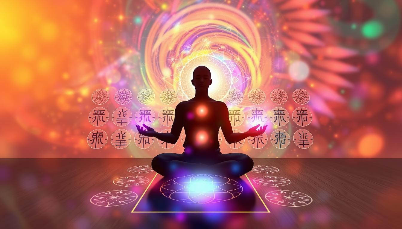 A tranquil scene depicting the principles of Reiki energy healing. In the foreground, a serene human figure sits in a meditative pose, palms open as vibrant, colorful energy flows from their hands. The middle ground showcases a grid of intricate Reiki symbols, each glowing with a soft, ethereal light. In the background, a swirling, vibrant energy field fills the space, creating a sense of harmony and balance. The lighting is soft and diffused, lending a calming, peaceful atmosphere to the entire composition. Captured with a wide-angle lens to convey a sense of immersion in the Reiki energy.
