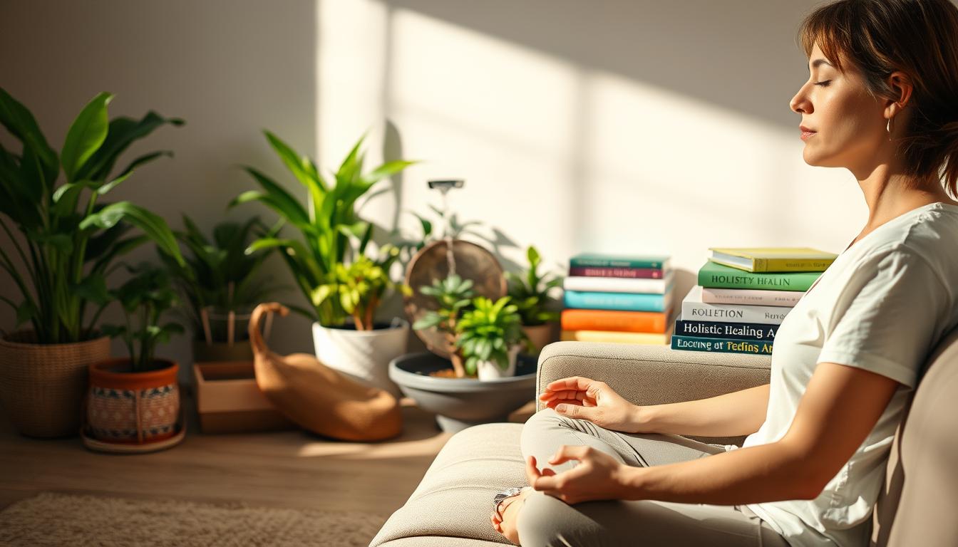 A tranquil scene of a person practicing mindful self-care for chronic illness management. In the foreground, a person sits cross-legged on a couch, eyes closed, hands resting gently on their lap, an expression of serene concentration. Soft, diffused lighting illuminates the scene, creating a warm, inviting atmosphere. In the middle ground, a variety of natural elements - potted plants, a soothing water fountain, and a stack of books on holistic healing - suggest a vibrant, restorative environment. The background features muted, earthy tones, hinting at the calming, grounded essence of the overall composition.