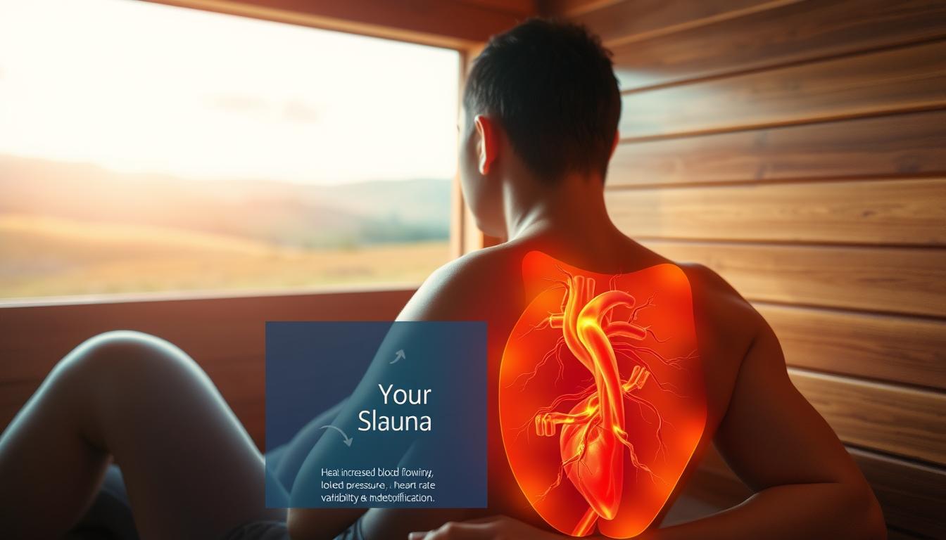 A tranquil scene of a person resting in a sauna, their body glowing with warmth. In the foreground, a detailed illustration of the cardiovascular system, arteries and veins pulsing with renewed vigor. The middle ground showcases the heat-induced physiological effects, such as increased blood flow, lowered blood pressure, and improved heart rate variability. The background depicts a serene, vibrant landscape, highlighting the overall benefits of heat therapy on longevity and detoxification. Soft, warm lighting illuminates the scene, creating a calming and rejuvenating atmosphere.