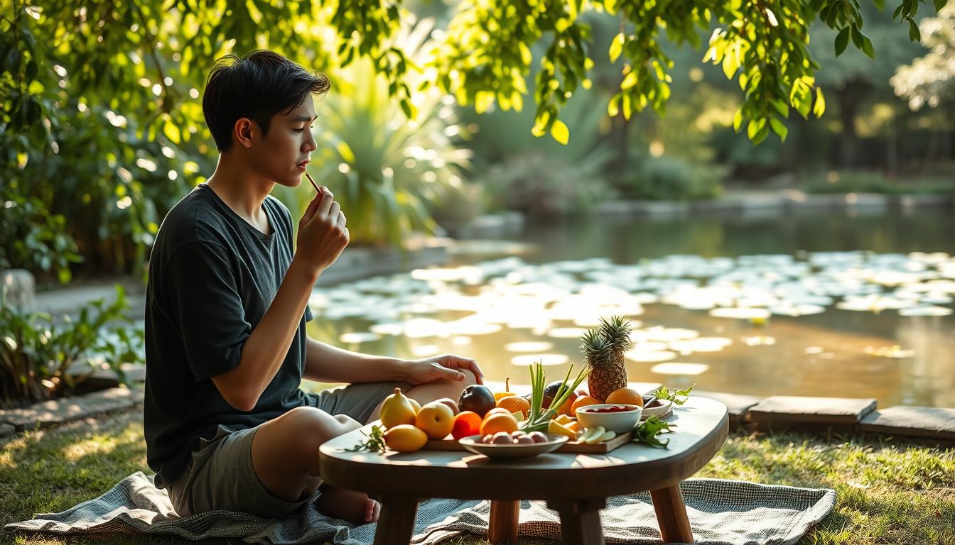 A tranquil scene of a person sitting cross-legged in a serene garden, deeply engaged in the act of mindful eating. Sunlight filters through the lush foliage, casting a warm glow on the table before them, which is adorned with a simple, vibrant array of fresh fruits and vegetables. The individual's gaze is intently focused, savoring each bite with heightened awareness and appreciation. In the background, a peaceful pond reflects the surrounding greenery, creating a sense of harmony and balance. The atmosphere is one of calm contemplation, where the individual's connection to the present moment and the nourishing sustenance is palpable.