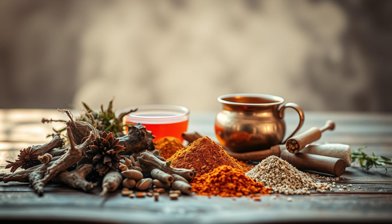 A tranquil still life of ancient ayurvedic medicines and adaptogens. In the foreground, a collection of fragrant herbs, roots, and powders arranged artfully on a wooden surface, their earthy hues accentuated by soft, natural lighting. In the middle ground, a traditional Indian copper vessel, its burnished surface gleaming, containing a vibrant red-orange liquid. The background is hazy, suggesting a serene, meditative atmosphere, evoking the timeless wisdom of this ancient holistic healing tradition. The overall mood is one of grounded, vibrant tranquility, inviting the viewer to explore the rich history and origins of these natural stress-relieving remedies.