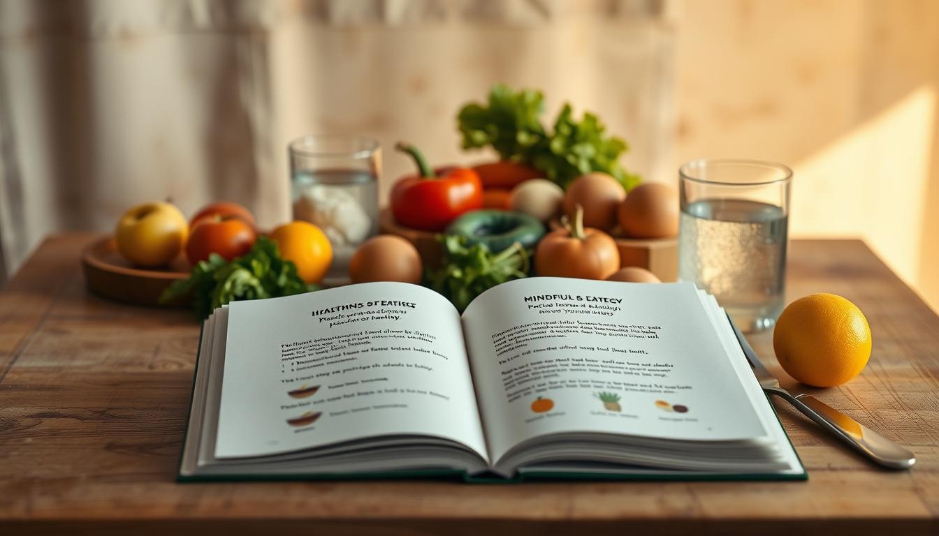 A tranquil still life scene depicting a healthy, mindful eating strategy guide. In the foreground, a wooden table holds an open book with delicately illustrated step-by-step instructions for pacing one's eating. Surrounding the book are fresh, vibrant ingredients - a variety of seasonal fruits and vegetables, a glass of water, and a set of simple yet elegant eating utensils. The middle ground features a serene, softly blurred background, with hints of natural textures and muted, earthy tones. Warm, diffused lighting gently illuminates the scene, creating a calming, contemplative atmosphere. The overall composition conveys a sense of intentionality, balance, and a mindful approach to nourishing the body.
