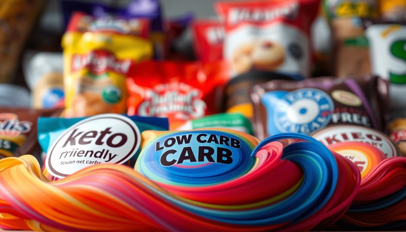 A variety of low carb product labels featuring bold, vibrant swirling colors in the foreground. The labels showcase claims like "keto-friendly," "low net carbs," and "sugar-free," set against a blurred background of assorted packaged goods. The lighting is soft and diffused, creating a cohesive, premium aesthetic. The angle is slightly elevated, providing an immersive, almost bird's-eye view of the low carb product landscape, inviting the viewer to examine the labels closely for potential hidden sugars.
