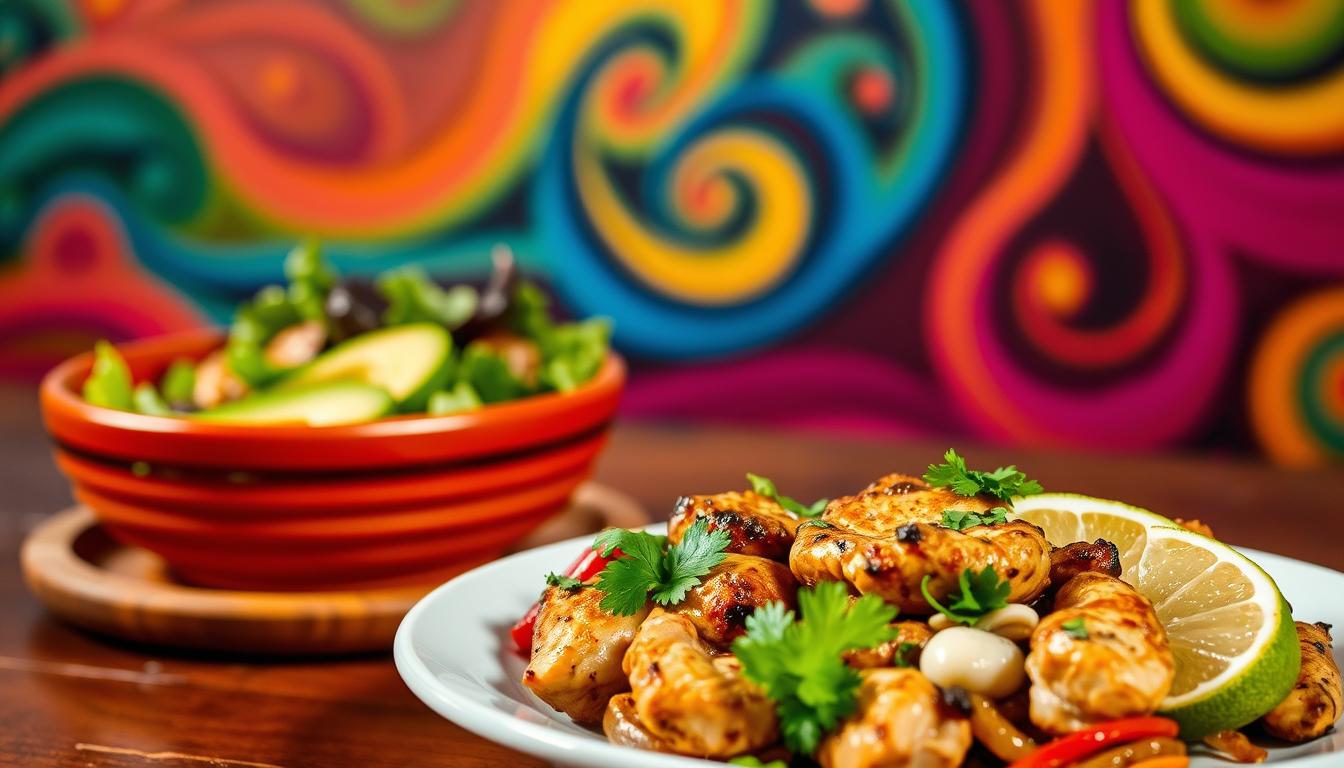 A vibrant Mexican-inspired still life scene featuring a selection of low-carb dining options. In the foreground, a plate showcases grilled chicken fajitas with sautéed peppers and onions, garnished with fresh cilantro and a wedge of lime. In the middle ground, a crisp green salad with avocado slices and a creamy, low-carb dressing is set against a backdrop of warm, earthy tones. Vibrant swirling colors dance in the background, evoking the festive atmosphere of a Mexican cantina. Illuminated by soft, natural lighting and captured at a slightly elevated angle, the scene invites the viewer to imagine the delicious, nutritious low-carb options available at this authentic Mexican dining experience.