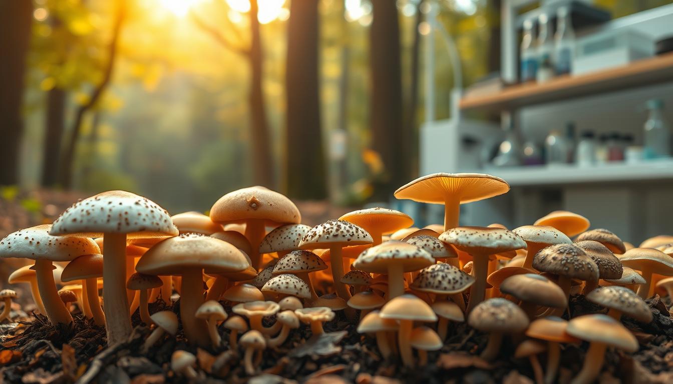 A vibrant and captivating scene depicting the rising popularity of medicinal mushrooms. In the foreground, an array of diverse mushroom varieties stands out against a warm, earthy backdrop. The middle ground showcases a serene forest setting, with sunlight filtering through the canopy and casting a soft, golden glow. In the background, a laboratory setting emerges, hinting at the scientific research and innovation driving the medicinal mushroom movement. The composition is enhanced by a cinematic, wide-angle lens, capturing the grandeur and importance of this natural wonder. The overall mood is one of wonder, discovery, and the promise of a healthier, more natural future.