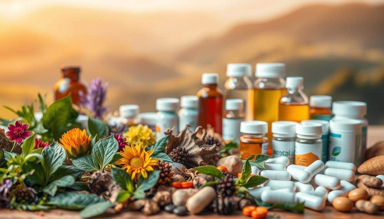 A vibrant and contrasting display of herbal remedies and conventional medicines. In the foreground, an array of natural botanicals - leaves, flowers, and roots - arranged in a visually striking manner. In the middle ground, a collection of sleek, modern pharmaceutical bottles and tablets, symbolizing the conventional medical approach. The background features a blurred, ethereal landscape, evoking a sense of balance and harmony between the two approaches. Warm, soft lighting illuminates the scene, creating a contemplative and thoughtful atmosphere. Captured through a wide-angle lens, the composition emphasizes the interplay and coexistence of these two distinct yet connected realms of healthcare.