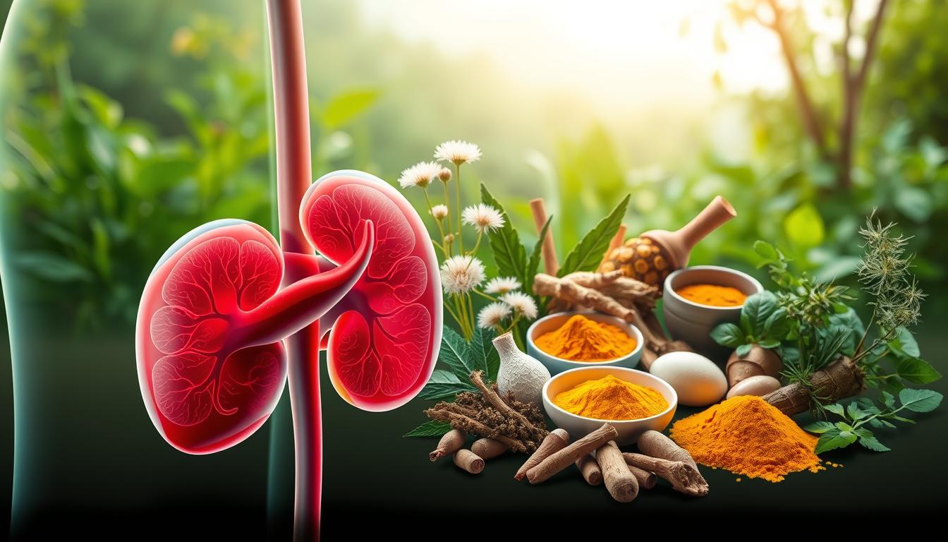 A vibrant and detailed illustration depicting the natural support systems for liver and kidney health. In the foreground, an artistic render of a human liver and kidney, their intricate structures and functions highlighted through a semi-transparent, anatomical visualization. In the middle ground, an array of nourishing herbs, roots, and supplements associated with liver and kidney support, such as milk thistle, dandelion, and turmeric, arranged in a harmonious composition. The background features a clean, yet soothing natural landscape, with lush greenery and a soft, diffused lighting that enhances the overall sense of wellness and restoration. The scene conveys a balanced and holistic approach to detoxification and organ health.