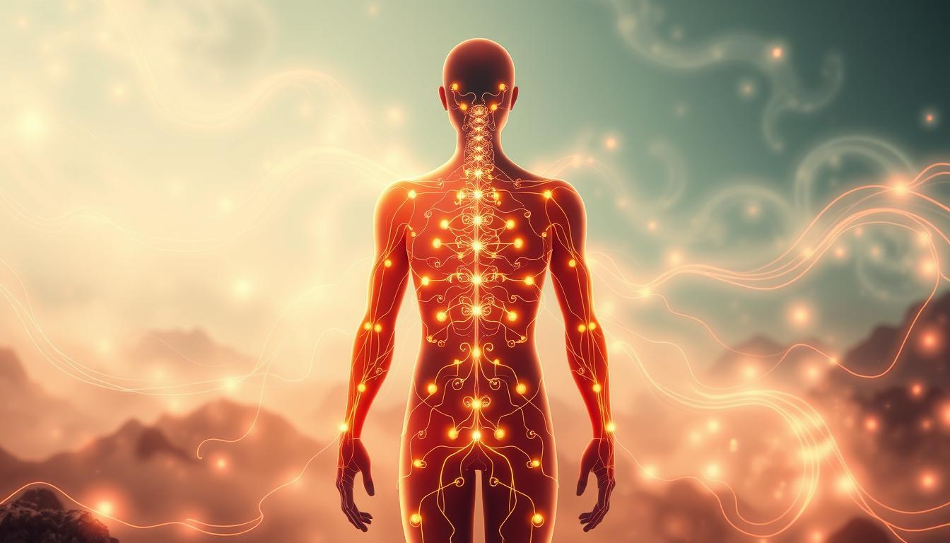 A vibrant and detailed illustration of the ancient Chinese concept of acupuncture meridians and qi energy. The image showcases a stylized human figure with glowing energy lines tracing intricate pathways across the body, representing the complex network of acupuncture points and the flow of vital life force. The background features an ethereal, dreamlike landscape with swirling mists and a soft, warm glow, evoking the mystical and holistic nature of Traditional Chinese Medicine. The composition is balanced, with the figure occupying the central foreground and the flowing energy lines guiding the viewer's eye throughout the scene. The overall mood is one of tranquility, enlightenment, and the interconnectedness of the physical and spiritual realms.