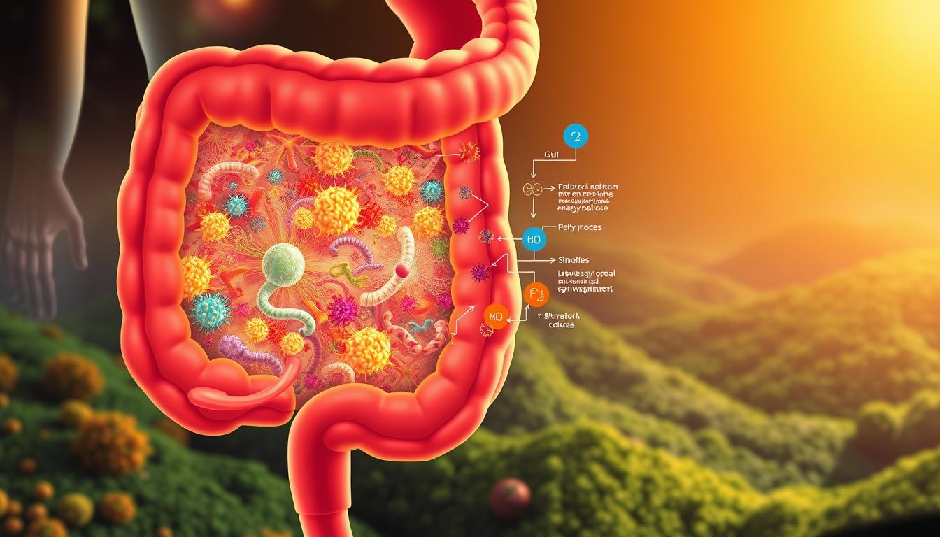 A vibrant and detailed illustration showcasing the intricate relationship between the gut microbiome and weight management. In the foreground, a stylized cross-section of the human digestive system, with dynamic, colorful microbial colonies thriving within the intestines. The middle ground features a visual representation of the complex metabolic processes and signaling pathways through which the gut microbiome influences the body's energy balance and weight regulation. In the background, a lush, verdant landscape symbolizing the holistic, interconnected nature of gut health and overall well-being. The composition is characterized by a warm, harmonious color palette, dynamic lighting, and a sense of scientific precision combined with organic, natural elements.