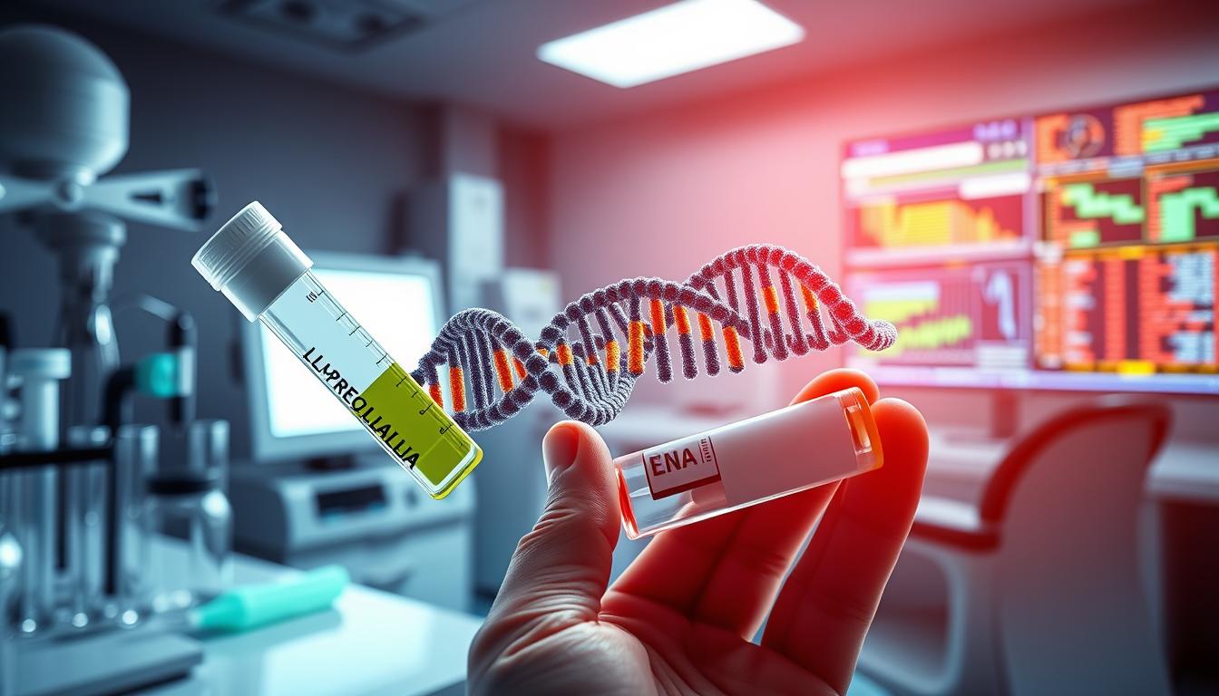A vibrant and detailed image of genetic testing for familial hypercholesterolemia. In the foreground, a close-up view of a person's hand holding a DNA sample tube, surrounded by medical instruments and test tubes. In the middle ground, a large, high-resolution molecular model of the LDL receptor gene, the primary genetic culprit in familial hypercholesterolemia. In the background, a modern medical laboratory setting with sleek, state-of-the-art equipment and glowing computer displays showcasing genetic analysis data. The lighting is crisp and clinical, creating a sense of scientific precision and diagnostic urgency. The overall composition conveys the importance of genetic factors in understanding and managing high cholesterol levels.