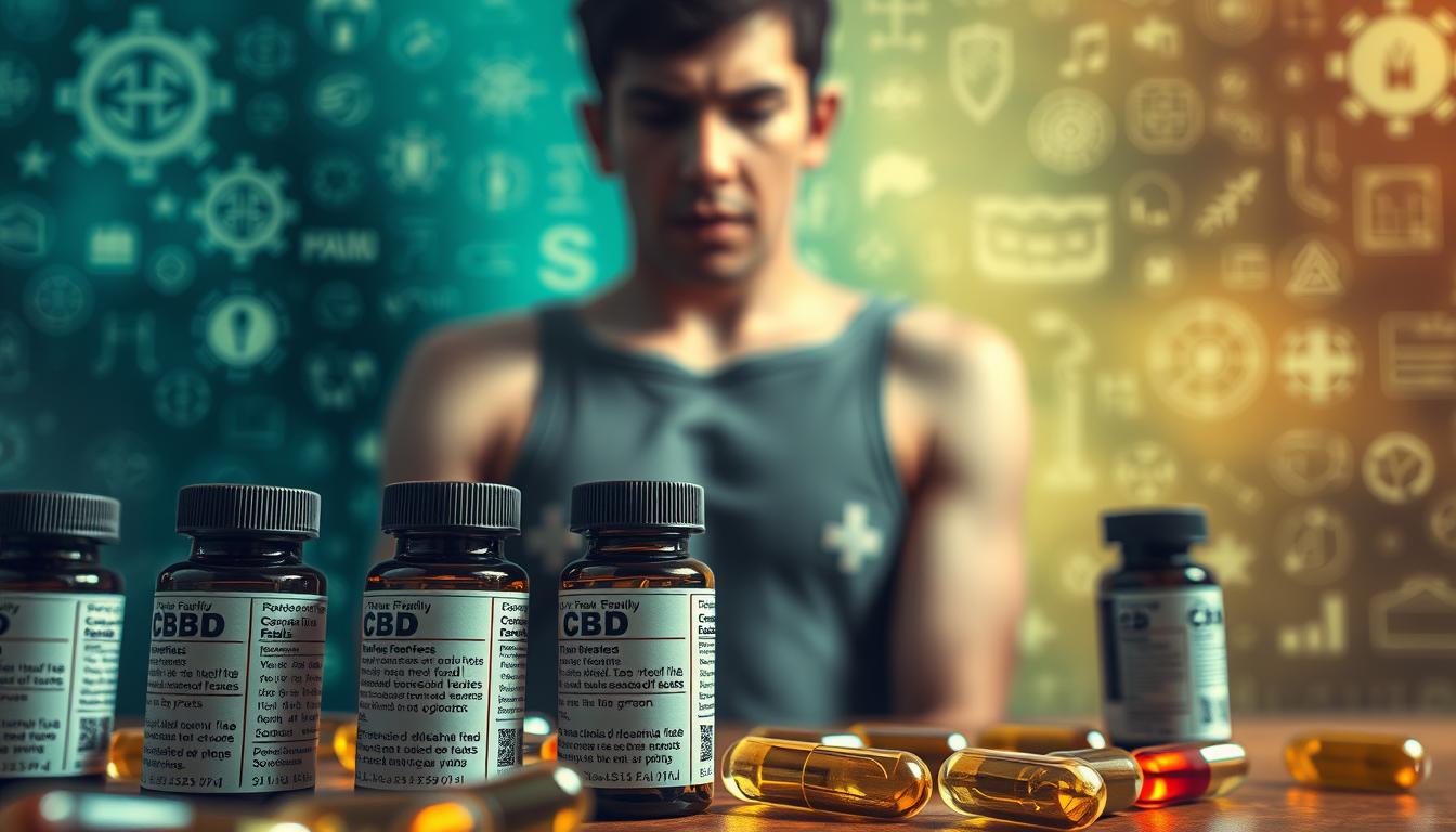 A vibrant and detailed image of the potential risks and side effects of CBD. In the foreground, a close-up of several CBD oil capsules, their labels highlighting potential side effects like drowsiness, dry mouth, and digestive issues. In the middle ground, a person's torso with a concerned expression, surrounded by a hazy, dreamlike atmosphere suggestive of the altered mental state that can occur with CBD use. In the background, a blurred array of medical symbols and icons, conveying the importance of understanding the scientific and medical implications of CBD consumption.