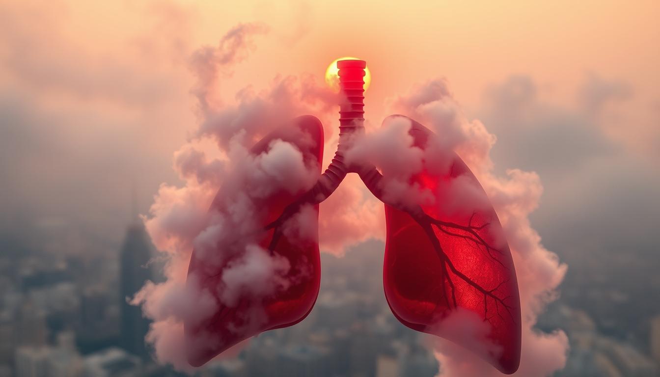 A vibrant and detailed image showcasing the health risks of ozone and particulate matter air pollution. In the foreground, a pair of lungs exposes its delicate internal structure, surrounded by swirling clouds of smog and hazardous particles. The middle ground features a cityscape obscured by a thick haze, conveying the pervasive nature of urban air pollution. In the background, a glowing red sun struggles to penetrate the murky atmosphere, casting an ominous glow. Crisp lighting and a high-resolution, photorealistic style create a sense of urgency and visual impact, highlighting the urgent need to address this critical environmental and public health issue.