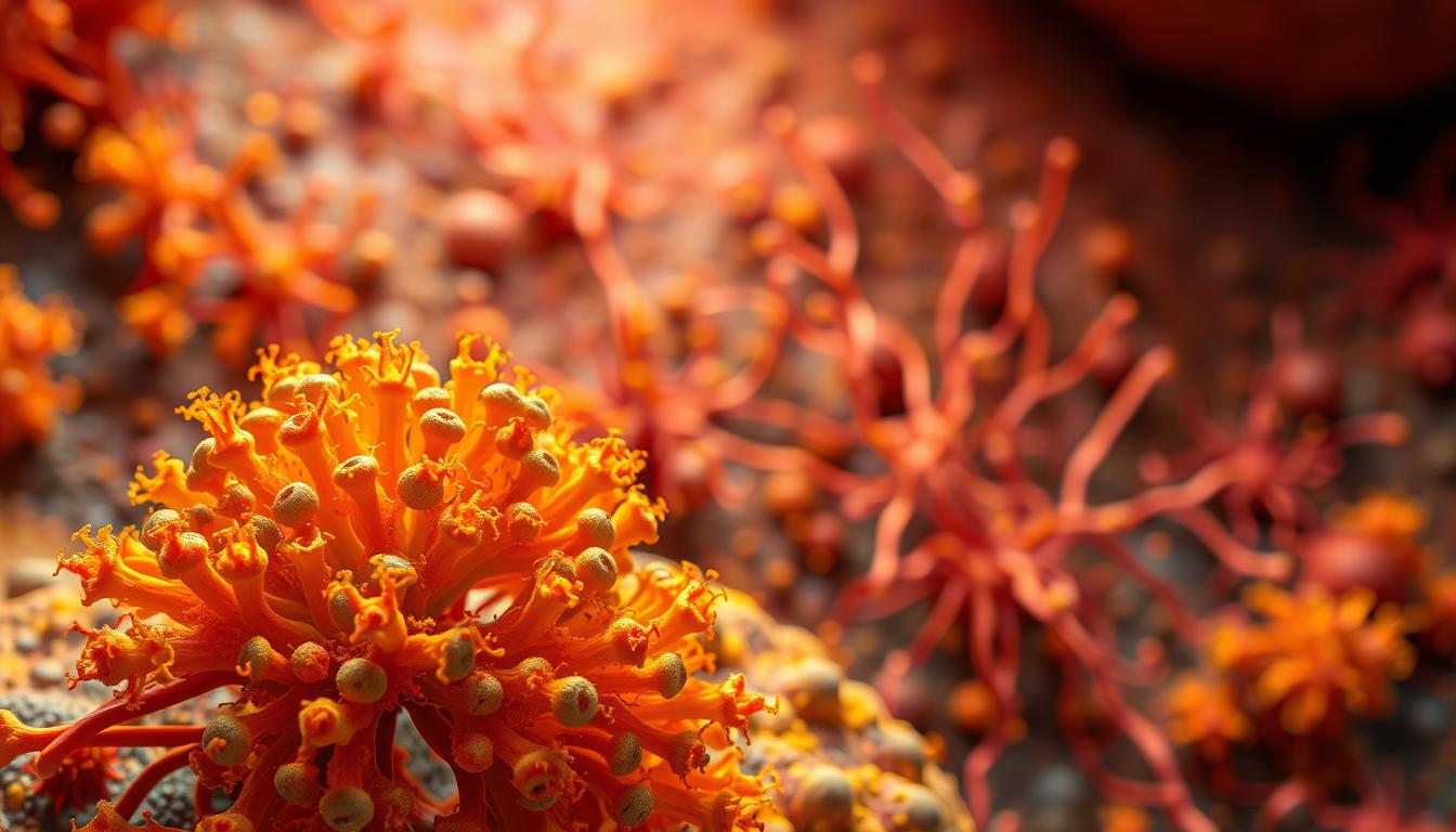 A vibrant and detailed microscopic view of the gut microbiome, showcasing a diverse array of bacterial colonies thriving in a rich, nutrient-dense environment. The foreground features a cluster of beneficial gut bacteria, their intricate shapes and vibrant colors illuminated by warm, directional lighting. In the middle ground, a complex network of interconnected pathways and cellular structures represents the intricate ecosystem of the digestive system. The background blurs into an abstract, textured landscape, hinting at the broader physiological processes that support gut health.