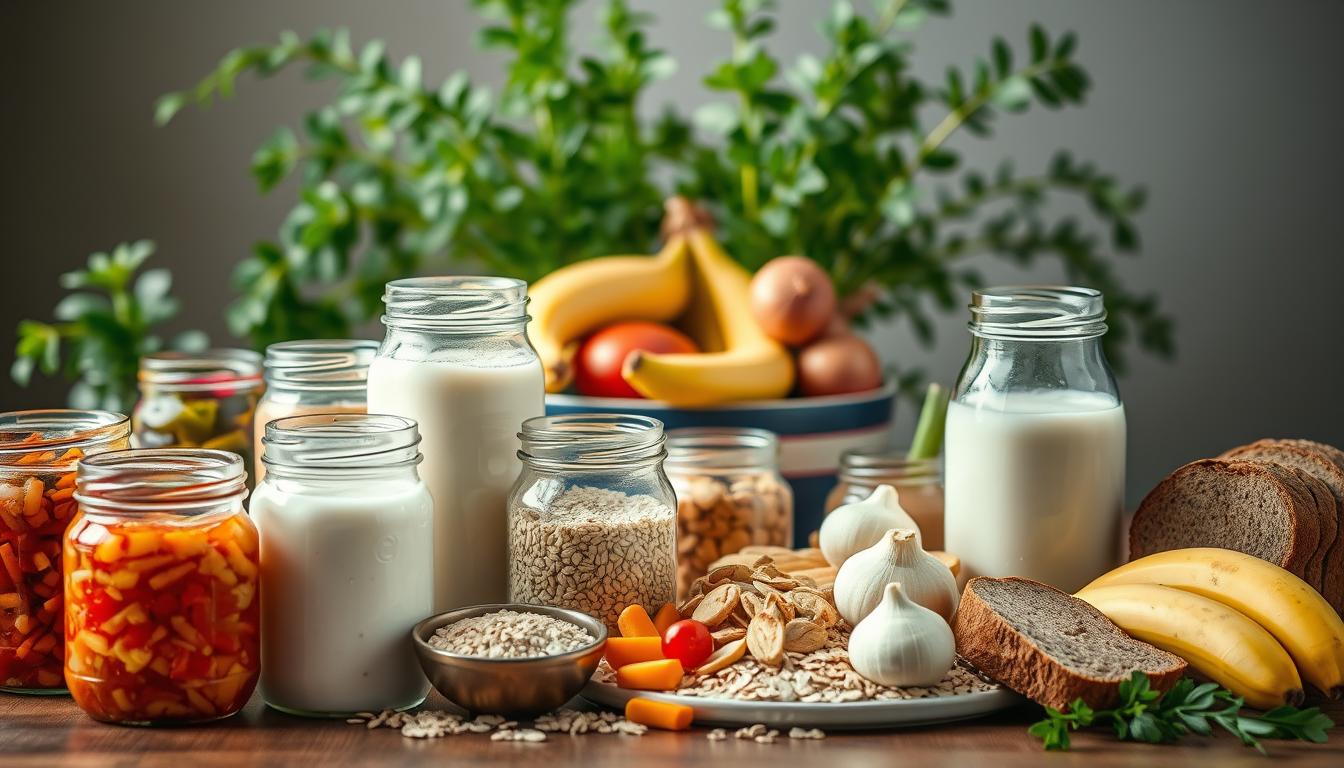 A vibrant and detailed still life featuring an assortment of probiotics and prebiotics for gut health. In the foreground, an array of glass jars filled with various fermented foods such as kimchi, sauerkraut, and kefir, arranged in a visually appealing manner. In the middle ground, a platter showcases different sources of prebiotics like oats, bananas, onions, and whole-grain bread. The background features lush greenery, perhaps a potted plant or herbs, evoking a sense of natural wellness. The lighting is soft and diffused, creating a warm and inviting atmosphere. The overall composition emphasizes the harmonious relationship between probiotics and prebiotics, highlighting their importance for a healthy gut. A vibrant and detailed still life featuring an assortment of probiotics and prebiotics for gut health. In the foreground, an array of glass jars filled with various fermented foods such as kimchi, sauerkraut, and kefir, arranged in a visually appealing manner. In the middle ground, a platter showcases different sources of prebiotics like oats, bananas, onions, and whole-grain bread. The background features lush greenery, perhaps a potted plant or herbs, evoking a sense of natural wellness. The lighting is soft and diffused, creating a warm and inviting atmosphere. The overall composition emphasizes the harmonious relationship between probiotics and prebiotics, highlighting their importance for a healthy gut.