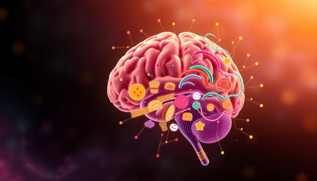 A vibrant and dynamic brain diagram, rendered in a smooth, digital style. In the foreground, a cross-section of the brain, with distinct regions representing the reward centers that drive cravings for carbohydrates. Swirling, colorful neural pathways radiate outward, depicting the complex neurological processes involved. In the middle ground, a series of stylized food icons - bread, pasta, and sugary treats - intertwine with the brain's structures, symbolizing the powerful connection between the brain and carbohydrate consumption. The background features a softly blurred, gradient-filled environment, lending an air of scientific introspection and exploration to the scene. Warm, vibrant lighting illuminates the entire composition, creating a sense of energy and dynamism.