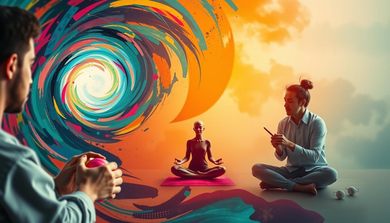 A vibrant and dynamic composition depicting various distraction techniques to naturally beat cravings. In the foreground, a person engaged in a playful activity like squeezing a stress ball or fidgeting with a tangle toy, surrounded by a swirling vortex of colorful shapes and textures. The middle ground features a meditative figure practicing deep breathing or mindfulness, set against an abstract background of soothing gradients. In the distance, a third element showcases a person immersed in an engaging hobby or creative pursuit, such as sketching or playing a musical instrument. Warm, diffused lighting casts a calming, introspective atmosphere over the entire scene.
